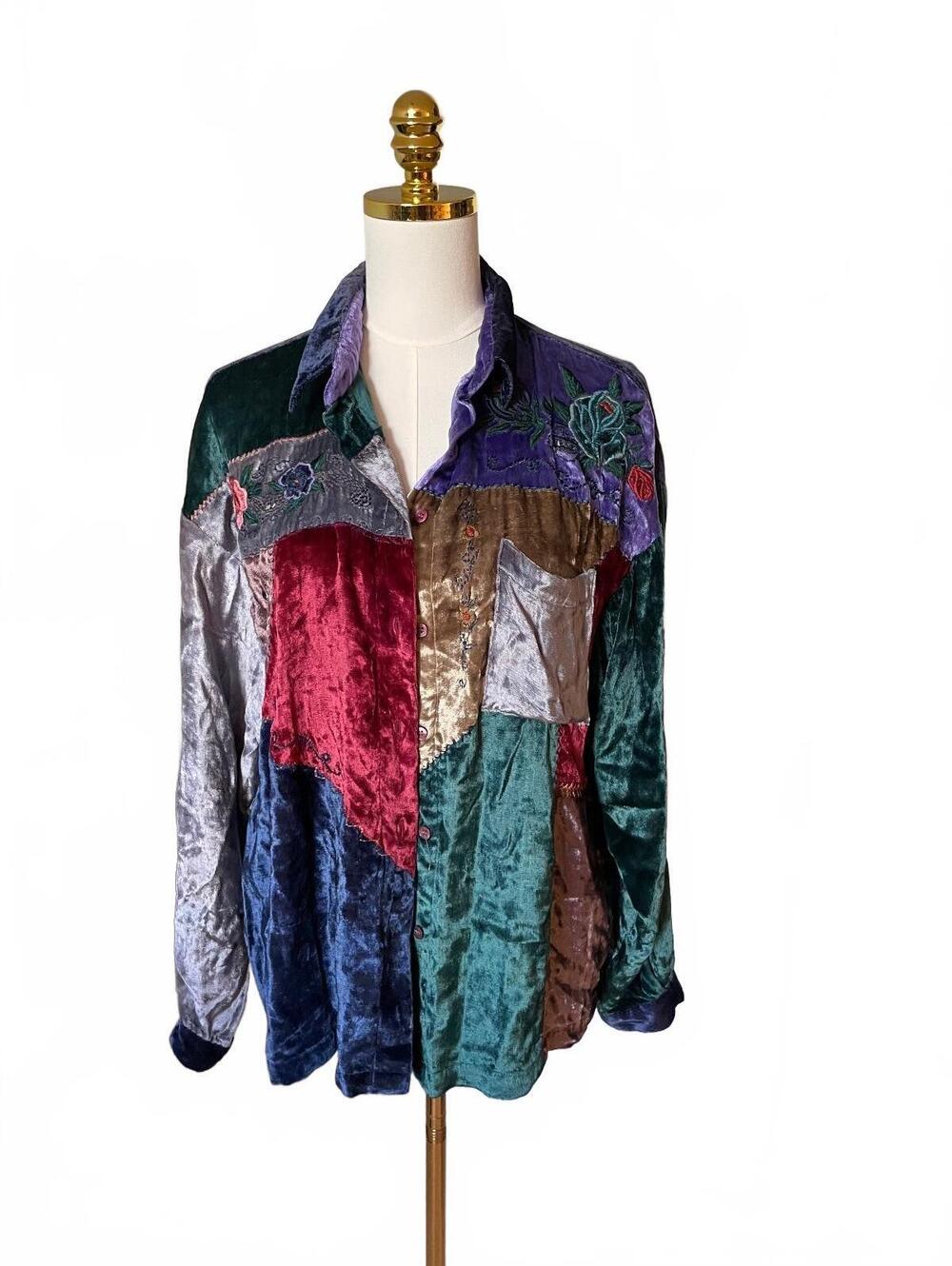 Micher together! patchwork velvet button front jacket with embroidered rose